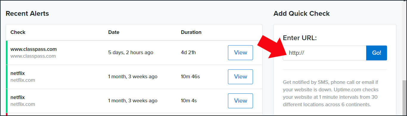 Uptime.com screenshot Add Quick Check