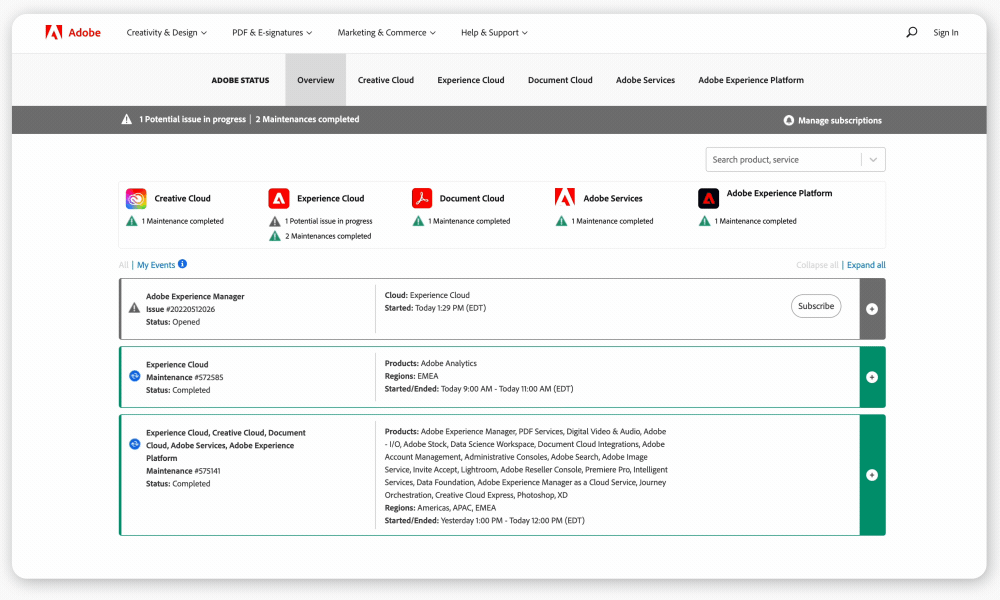 Adobe status page to check application downtime