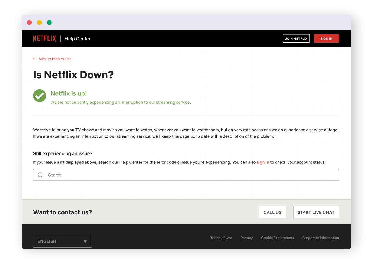 Netflix status page to check application and website downtime