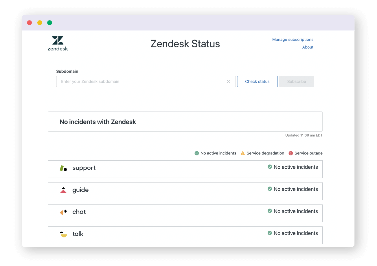 Zendesk status page to check website uptime